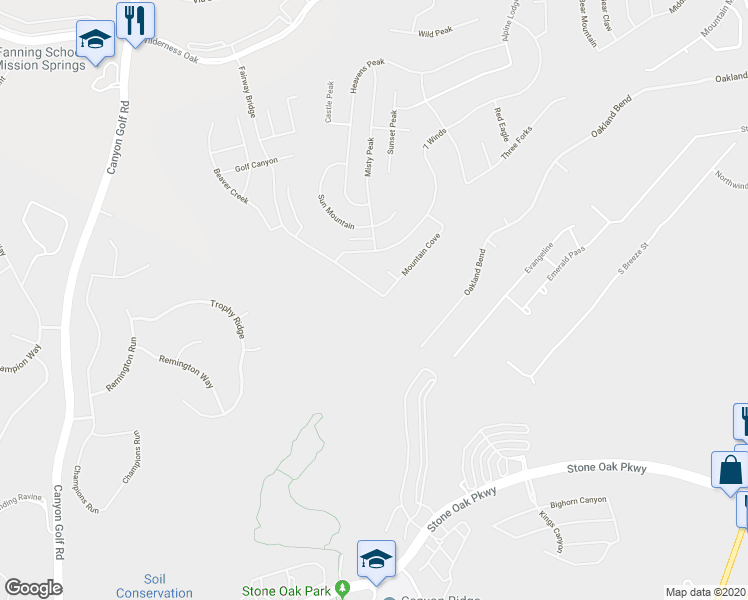 map of restaurants, bars, coffee shops, grocery stores, and more near 23007 Fairway Bridge in San Antonio
