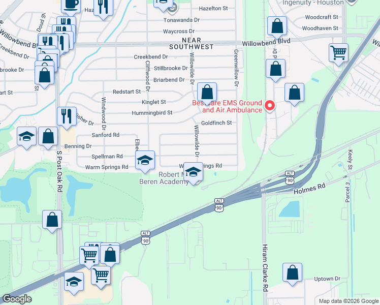 map of restaurants, bars, coffee shops, grocery stores, and more near 4502 Spellman Road in Houston