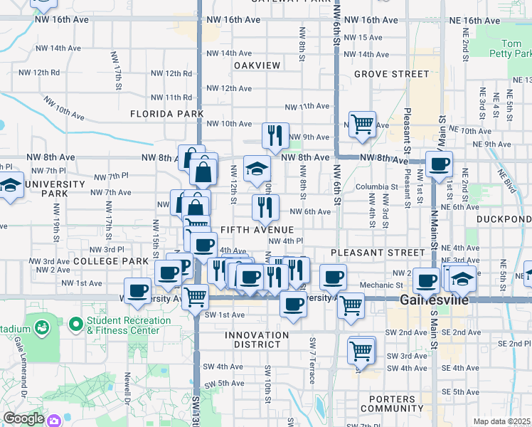map of restaurants, bars, coffee shops, grocery stores, and more near 606 Northwest 10th Street in Gainesville