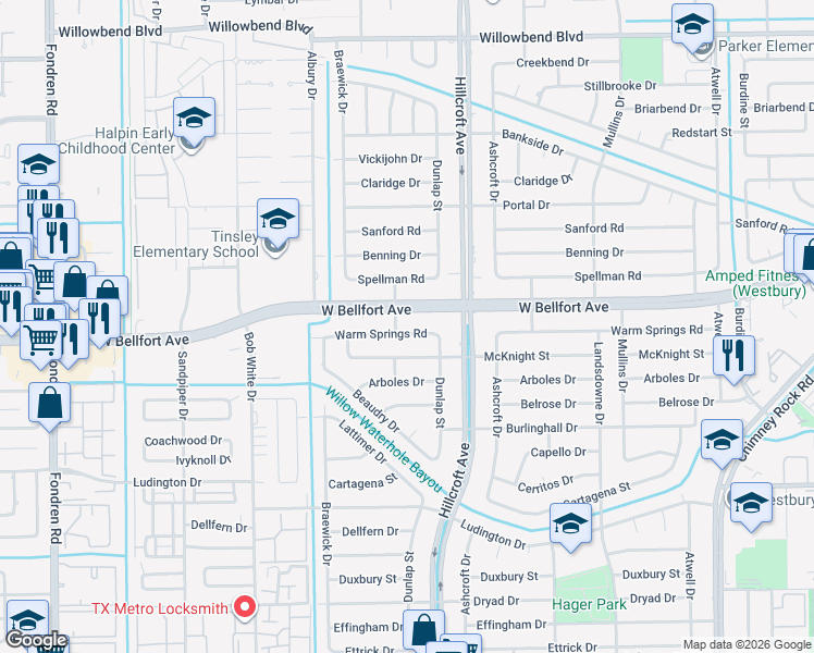 map of restaurants, bars, coffee shops, grocery stores, and more near 5922 Warm Springs Road in Houston