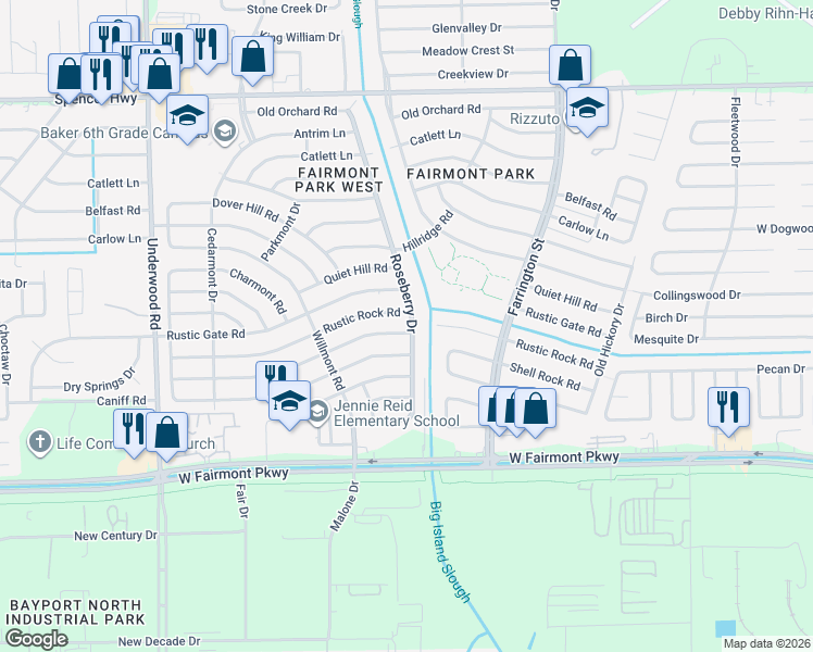 map of restaurants, bars, coffee shops, grocery stores, and more near 3635 Roseberry Drive in La Porte