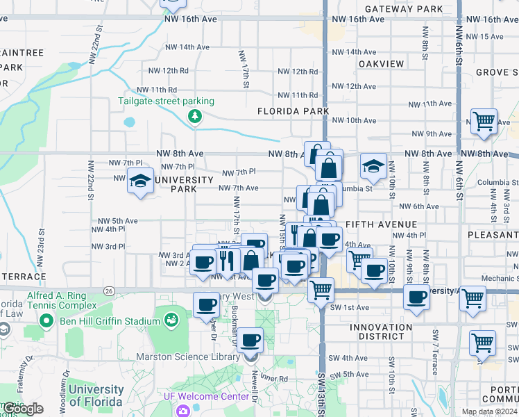 map of restaurants, bars, coffee shops, grocery stores, and more near 1601 Northwest 6th Avenue in Gainesville