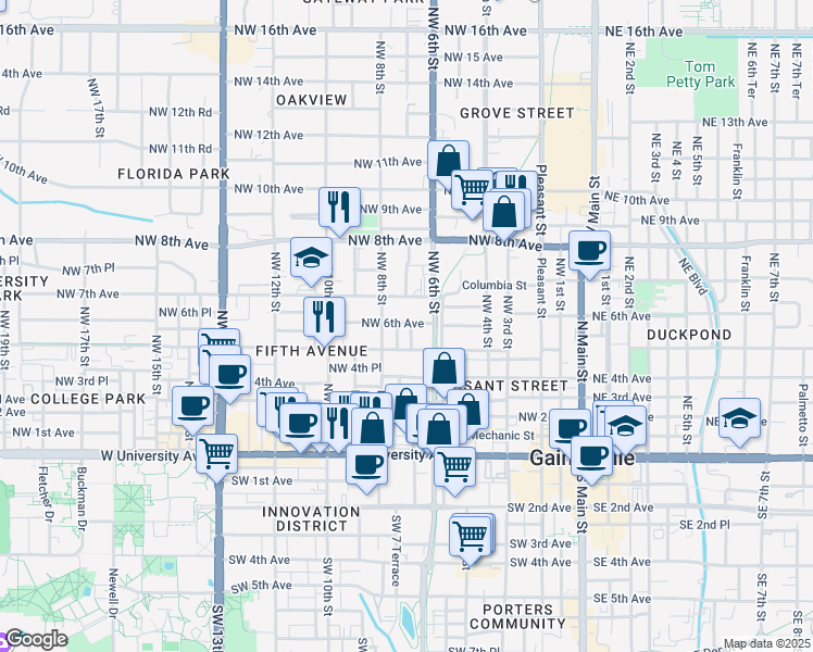 map of restaurants, bars, coffee shops, grocery stores, and more near 528 NW 7th St in Gainesville