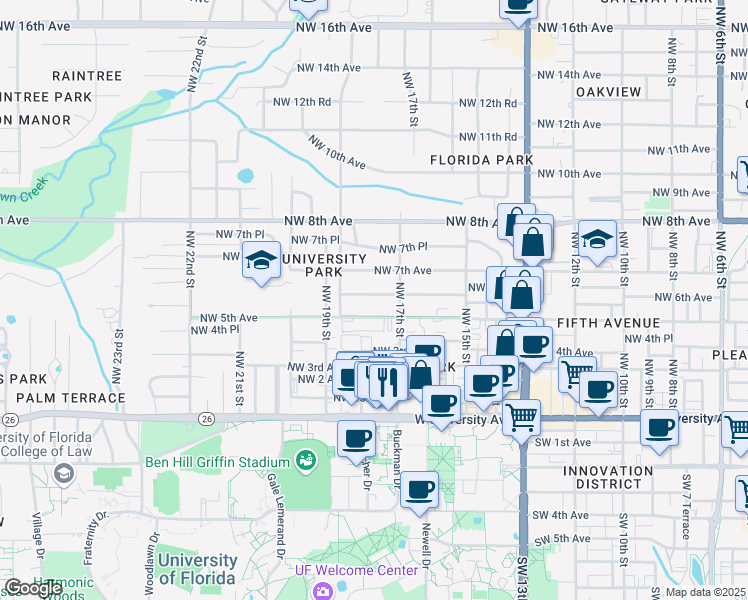 map of restaurants, bars, coffee shops, grocery stores, and more near 1731 Northwest 6th Avenue in Gainesville