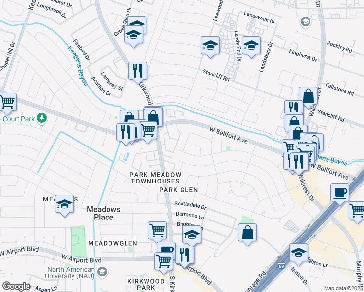 map of restaurants, bars, coffee shops, grocery stores, and more near 11530 Dunfield Ln in Houston