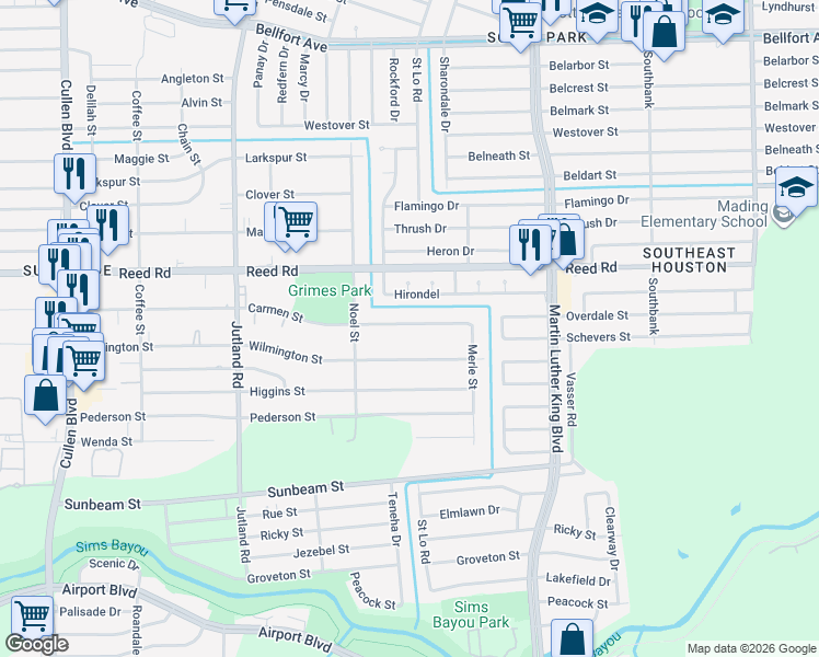 map of restaurants, bars, coffee shops, grocery stores, and more near 5310 Carmen Street in Houston