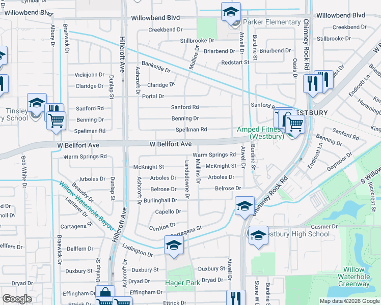 map of restaurants, bars, coffee shops, grocery stores, and more near 5702 Warm Springs Road in Houston