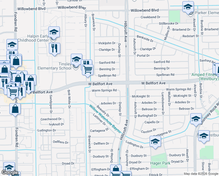 map of restaurants, bars, coffee shops, grocery stores, and more near 5922 Warm Springs Road in Houston