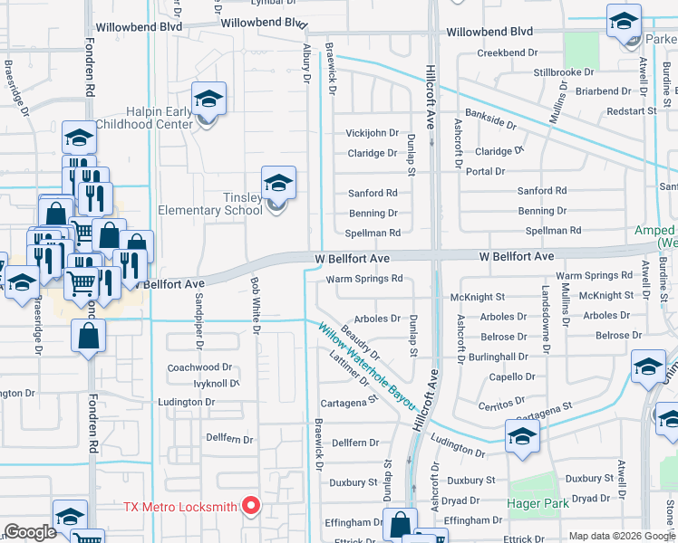 map of restaurants, bars, coffee shops, grocery stores, and more near 6018 Warm Springs Road in Houston