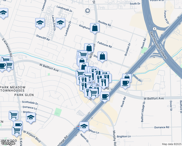 map of restaurants, bars, coffee shops, grocery stores, and more near 20 Keegans Bayou Trail in Houston