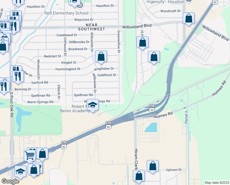 map of restaurants, bars, coffee shops, grocery stores, and more near 4310 Spellman Rd in Houston