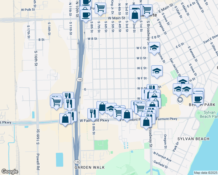 map of restaurants, bars, coffee shops, grocery stores, and more near 727 South 6th Street in La Porte