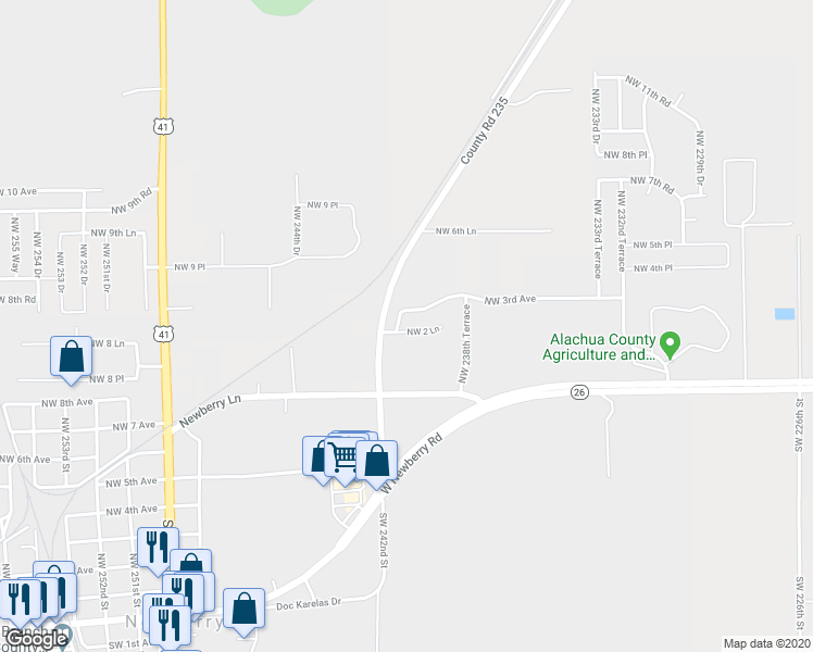 map of restaurants, bars, coffee shops, grocery stores, and more near 24066 Northwest 2 Lane in Newberry