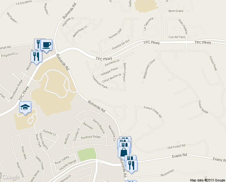 map of restaurants, bars, coffee shops, grocery stores, and more near 23115 Treemont Park in San Antonio