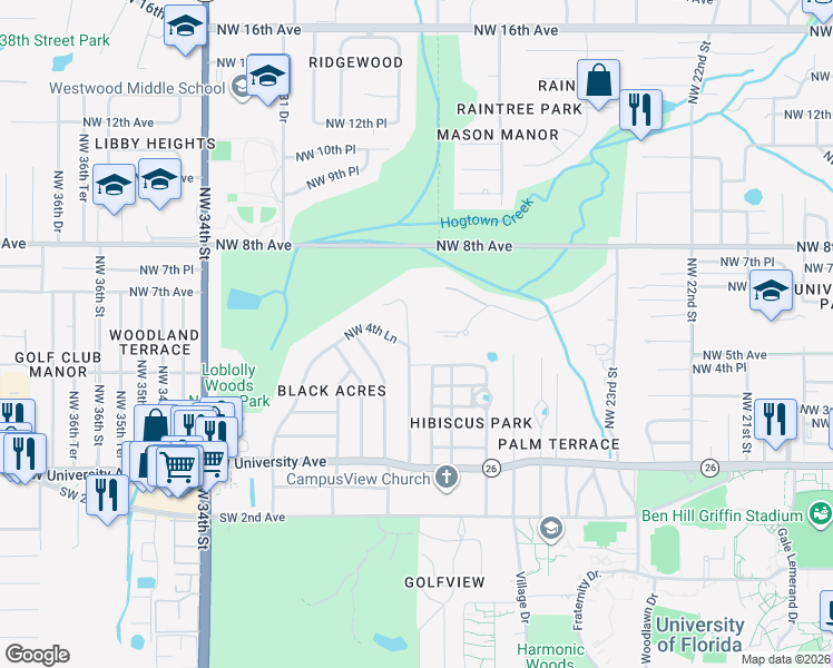 map of restaurants, bars, coffee shops, grocery stores, and more near 601 Northwest 28 Street in Gainesville