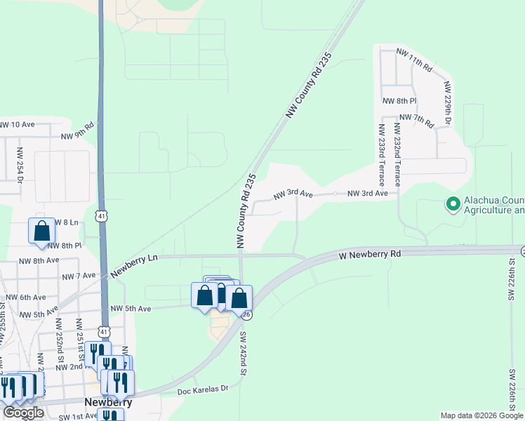 map of restaurants, bars, coffee shops, grocery stores, and more near 24066 Northwest 2 Lane in Newberry
