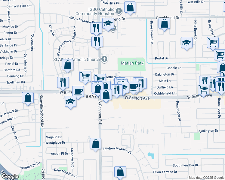 map of restaurants, bars, coffee shops, grocery stores, and more near 8511 South Breeze Drive in Houston