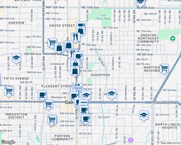 map of restaurants, bars, coffee shops, grocery stores, and more near 536 Northeast 3rd Street in Gainesville