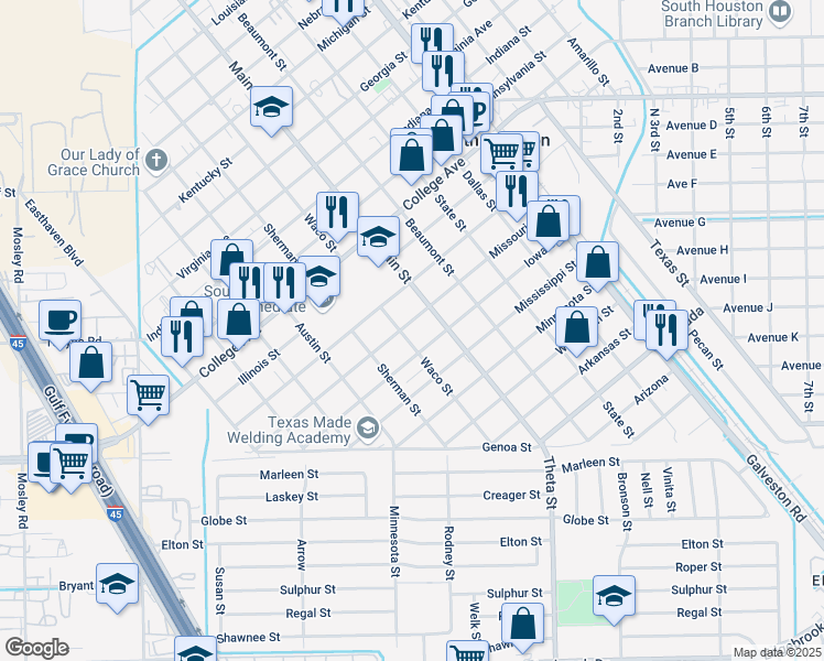map of restaurants, bars, coffee shops, grocery stores, and more near 905 Iowa Street in South Houston