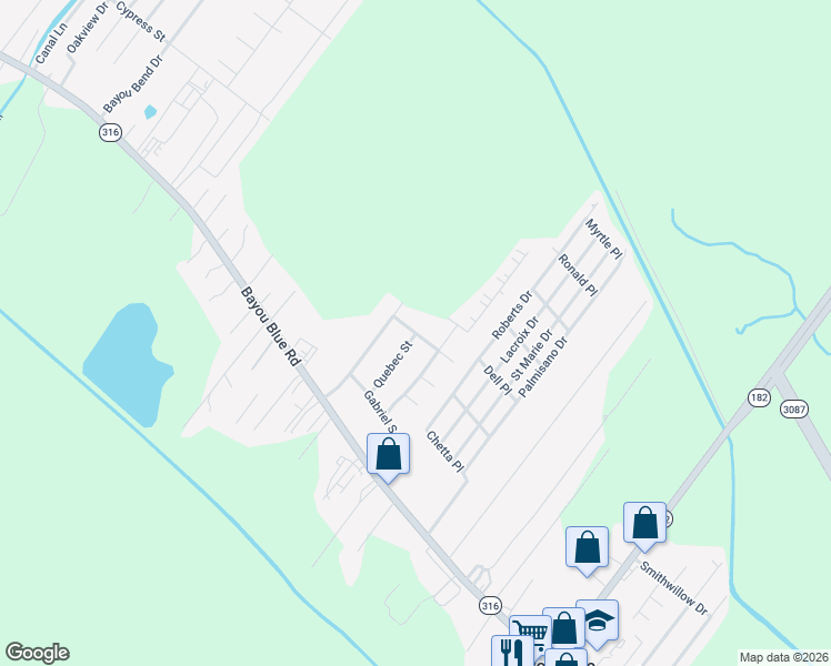 map of restaurants, bars, coffee shops, grocery stores, and more near 125 Lunenburg Street in Houma