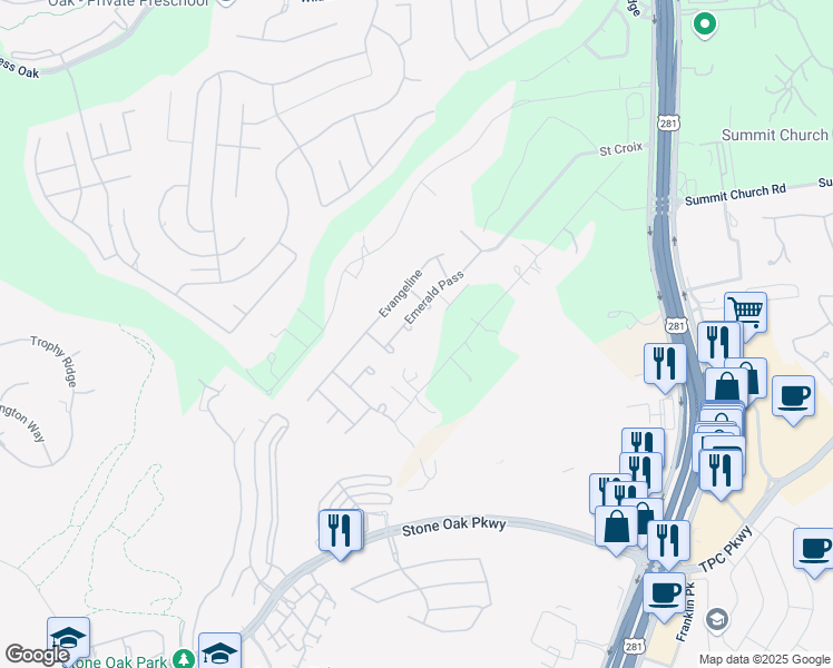 map of restaurants, bars, coffee shops, grocery stores, and more near 1918 Eagle Mountain in San Antonio