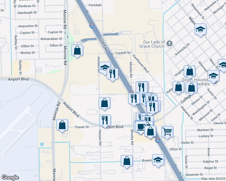 map of restaurants, bars, coffee shops, grocery stores, and more near 9150 Gulf Freeway in Houston
