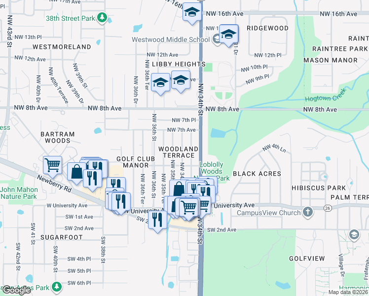 map of restaurants, bars, coffee shops, grocery stores, and more near 601 Northwest 34th Drive in Gainesville