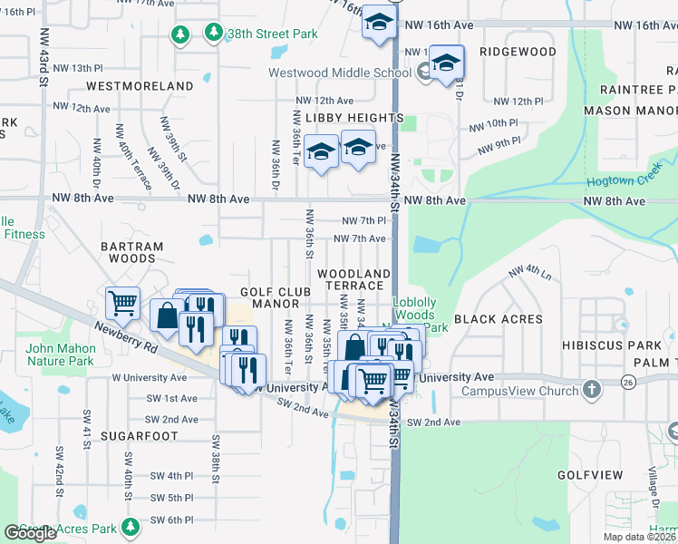map of restaurants, bars, coffee shops, grocery stores, and more near 601 Northwest 35th Terrace in Gainesville