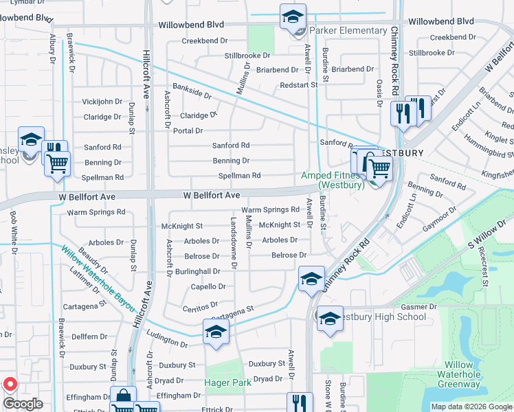 map of restaurants, bars, coffee shops, grocery stores, and more near 5626 Warm Springs Road in Houston
