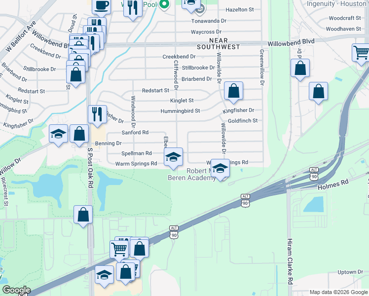 map of restaurants, bars, coffee shops, grocery stores, and more near 11206 Huggins Drive in Houston
