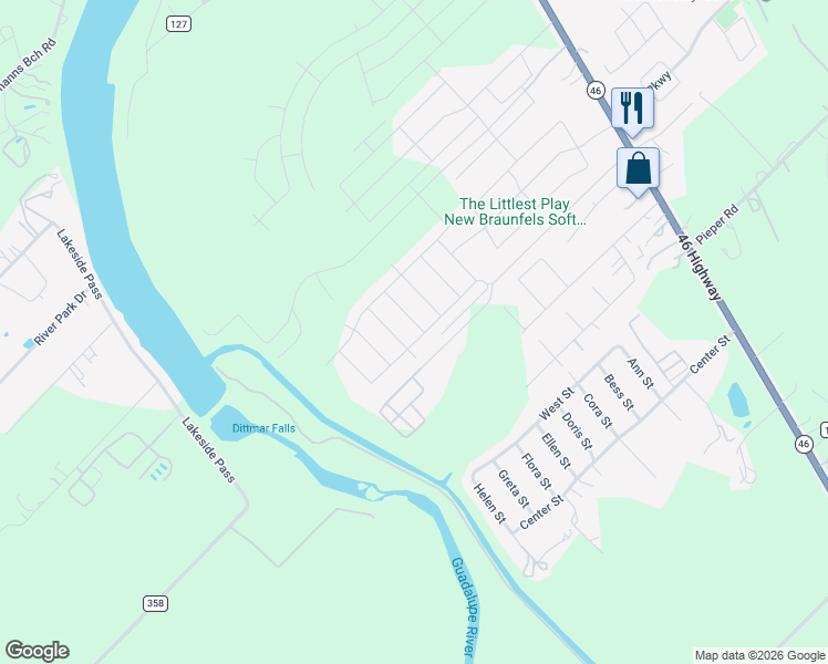 map of restaurants, bars, coffee shops, grocery stores, and more near 427 Autumn Blaze in New Braunfels