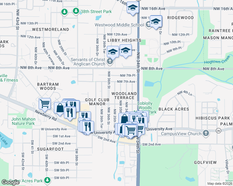 map of restaurants, bars, coffee shops, grocery stores, and more near 601 Northwest 35th Terrace in Gainesville