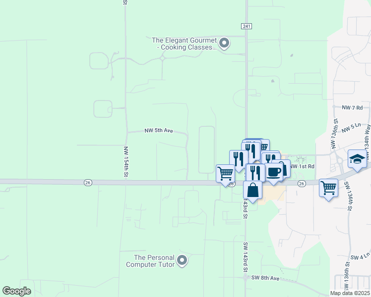 map of restaurants, bars, coffee shops, grocery stores, and more near Northwest 148 Terrace in Alachua County