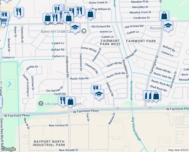 map of restaurants, bars, coffee shops, grocery stores, and more near 10115 Barmont Drive in La Porte