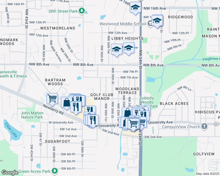 map of restaurants, bars, coffee shops, grocery stores, and more near 600 NW 36th St in Gainesville