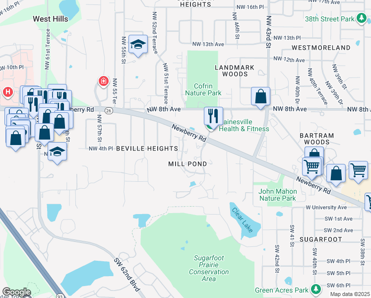 map of restaurants, bars, coffee shops, grocery stores, and more near 447 Northwest 50 Boulevard in Gainesville