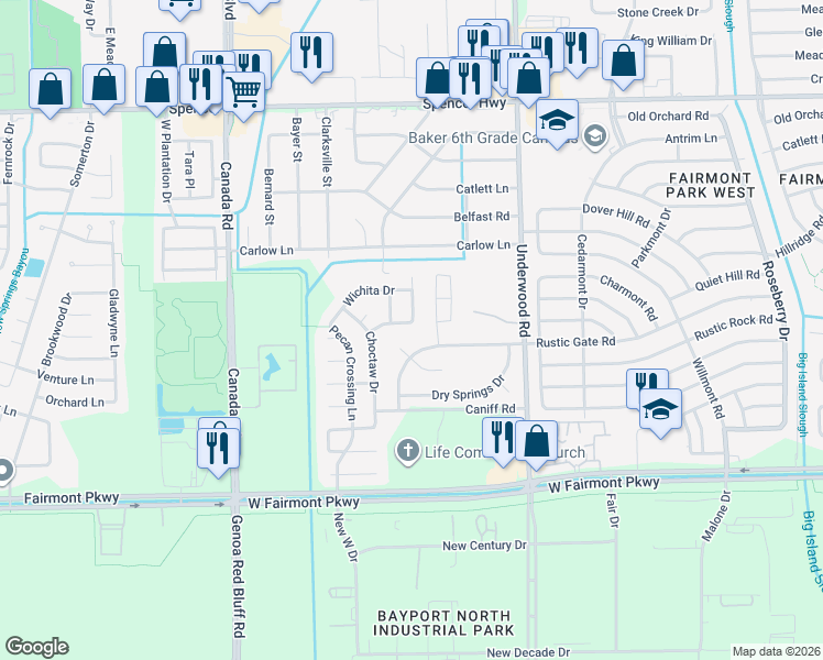 map of restaurants, bars, coffee shops, grocery stores, and more near 9305 Sioux Dr in La Porte