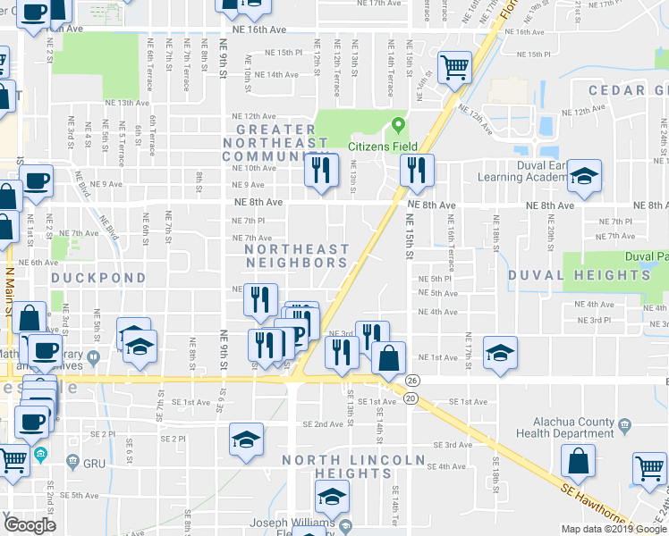 map of restaurants, bars, coffee shops, grocery stores, and more near 535 Northeast 12th Court in Gainesville