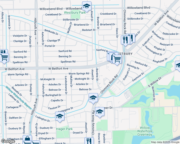 map of restaurants, bars, coffee shops, grocery stores, and more near 5506 Warm Springs Road in Houston