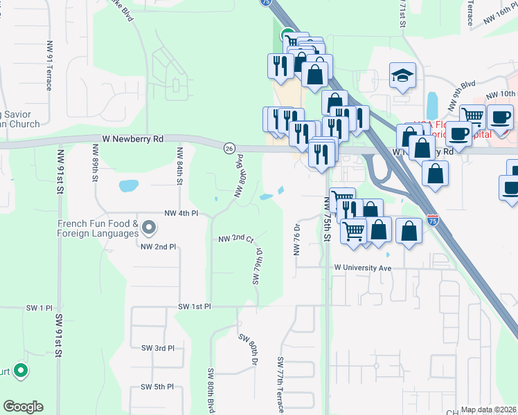 map of restaurants, bars, coffee shops, grocery stores, and more near 425 Northwest 4 Court in Gainesville