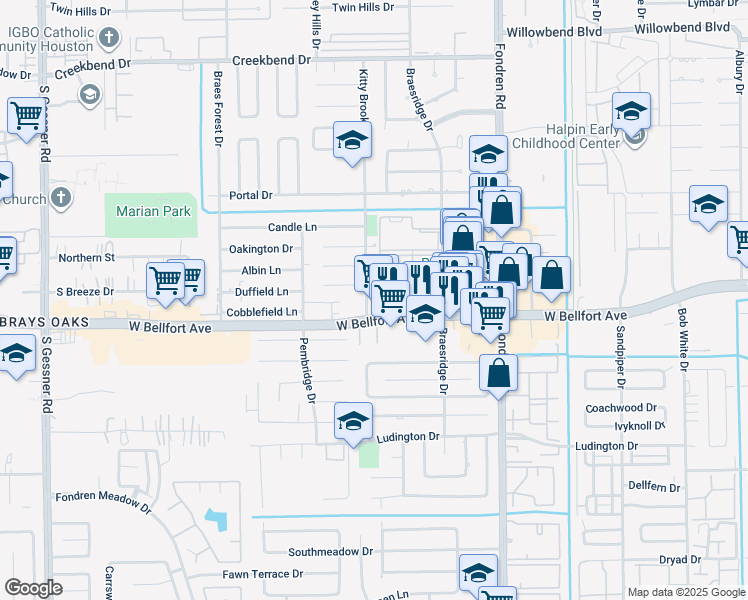 map of restaurants, bars, coffee shops, grocery stores, and more near 7770 West Bellfort Boulevard in Houston