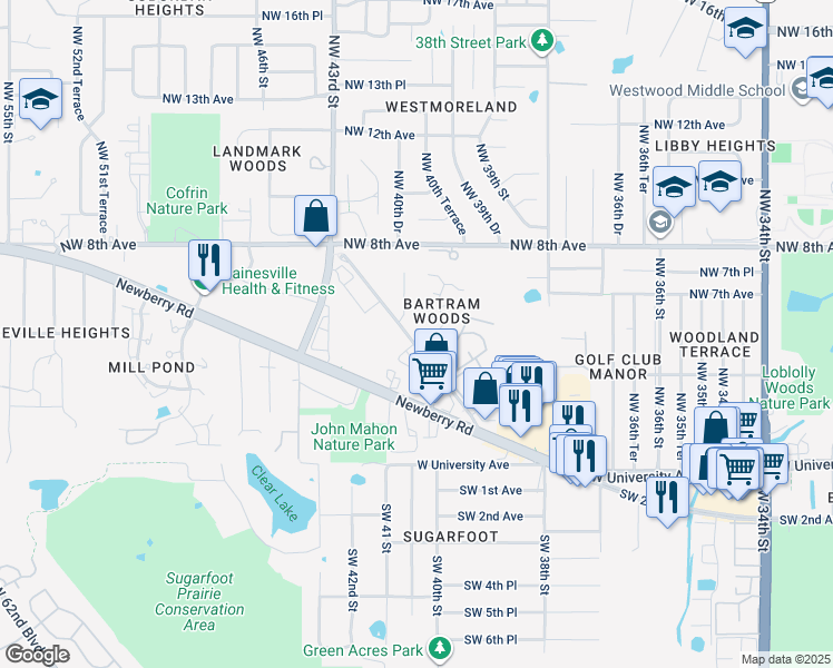 map of restaurants, bars, coffee shops, grocery stores, and more near 557 Northwest 39th Road in Gainesville