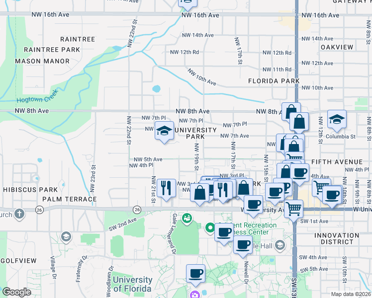 map of restaurants, bars, coffee shops, grocery stores, and more near 500-698 Northwest 19th Street in Gainesville