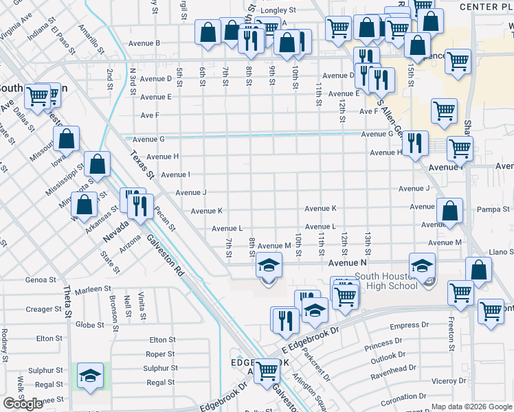 map of restaurants, bars, coffee shops, grocery stores, and more near 801 Avenue K in South Houston