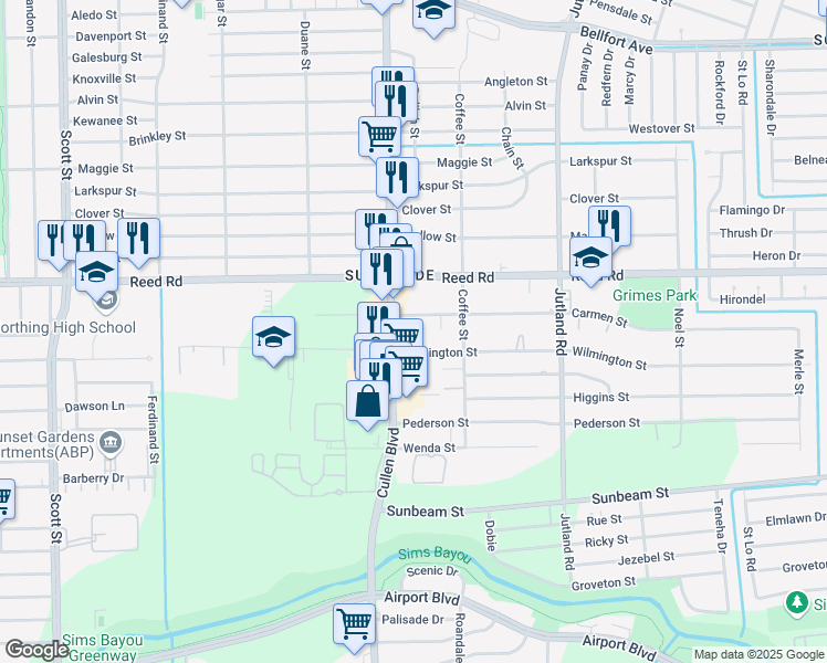 map of restaurants, bars, coffee shops, grocery stores, and more near 9315 Cullen Boulevard in Houston
