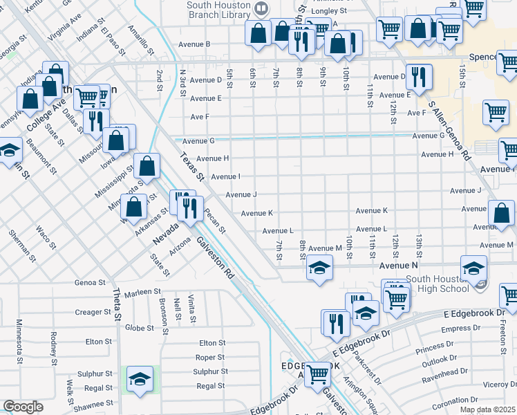 map of restaurants, bars, coffee shops, grocery stores, and more near 601 Avenue K in South Houston