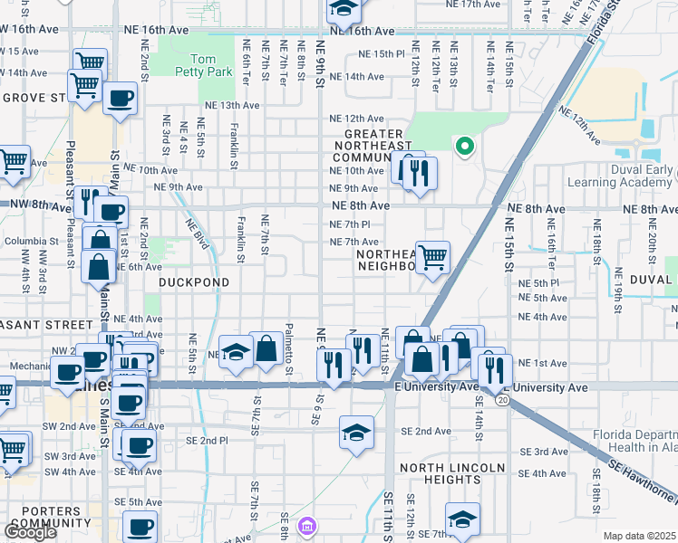 map of restaurants, bars, coffee shops, grocery stores, and more near 922 Northeast 5th Place in Gainesville