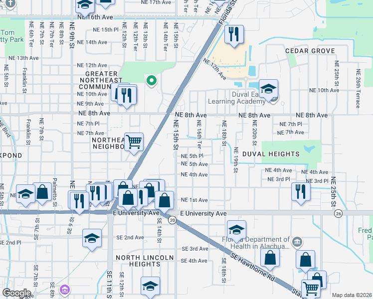map of restaurants, bars, coffee shops, grocery stores, and more near 1515 Northeast 6th Avenue in Gainesville