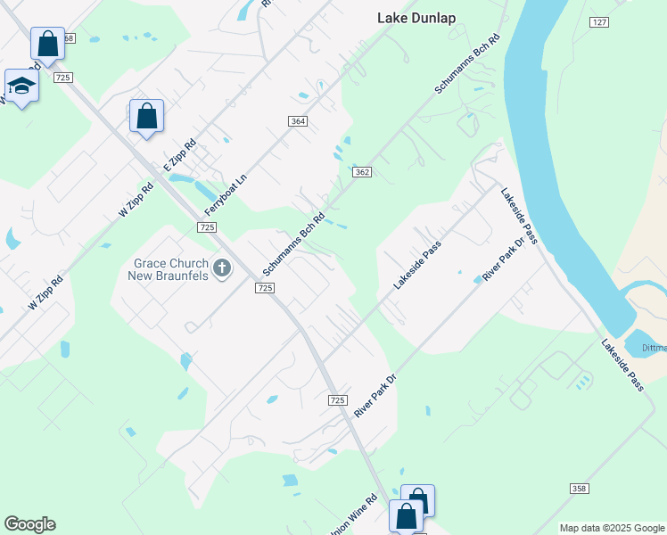 map of restaurants, bars, coffee shops, grocery stores, and more near 150 Schumanns Beach Road in New Braunfels