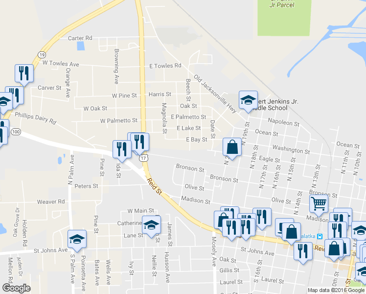 map of restaurants, bars, coffee shops, grocery stores, and more near 1011 Beech Street in Palatka